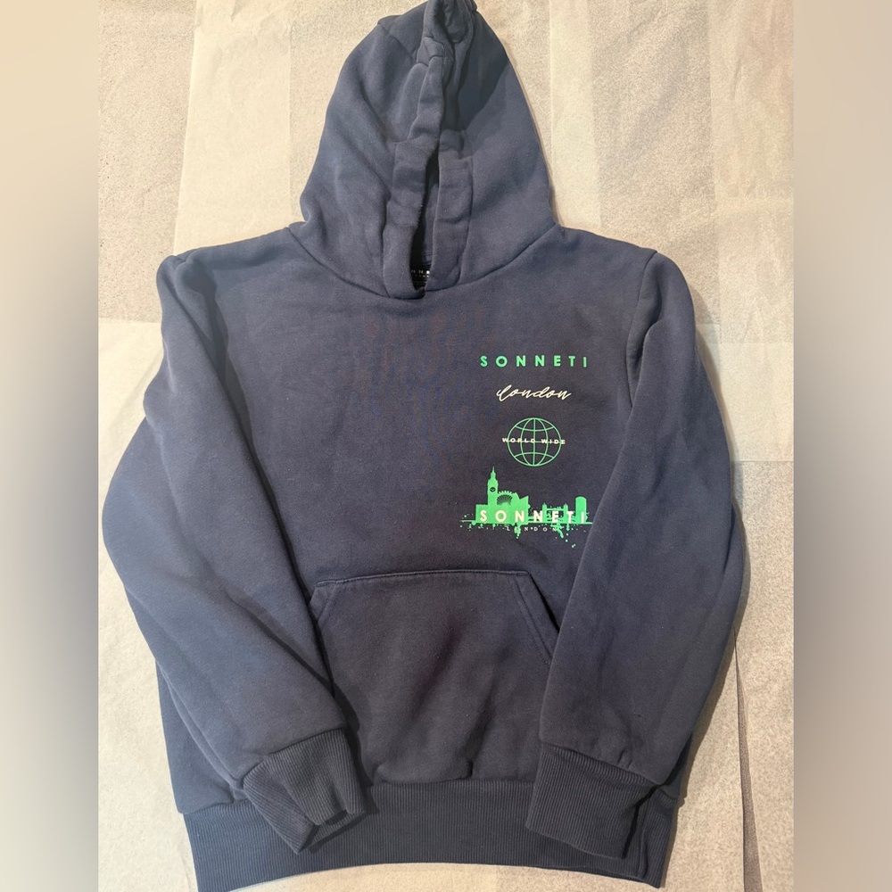 Kids Navy Hoodie with Neon Green London Graphic. Much Pre-Loved